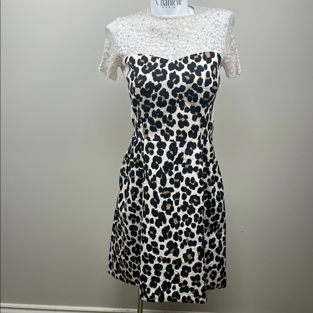 BLUGIRL leopard print fit to flare dress with lace and embellishments 8 medium